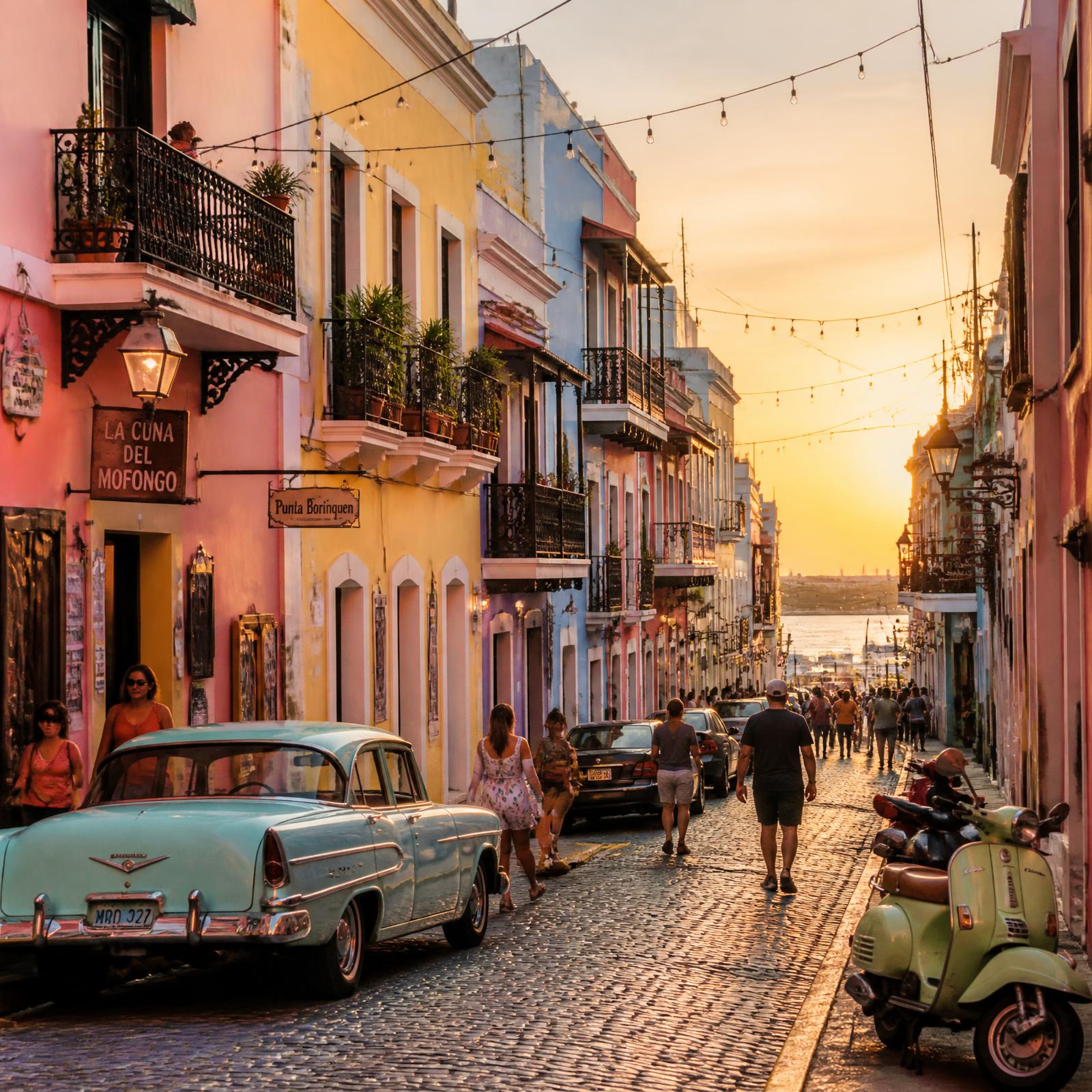 Busy colorful street in Old San Juan at golden hour with local shops, classic cars, and people walking